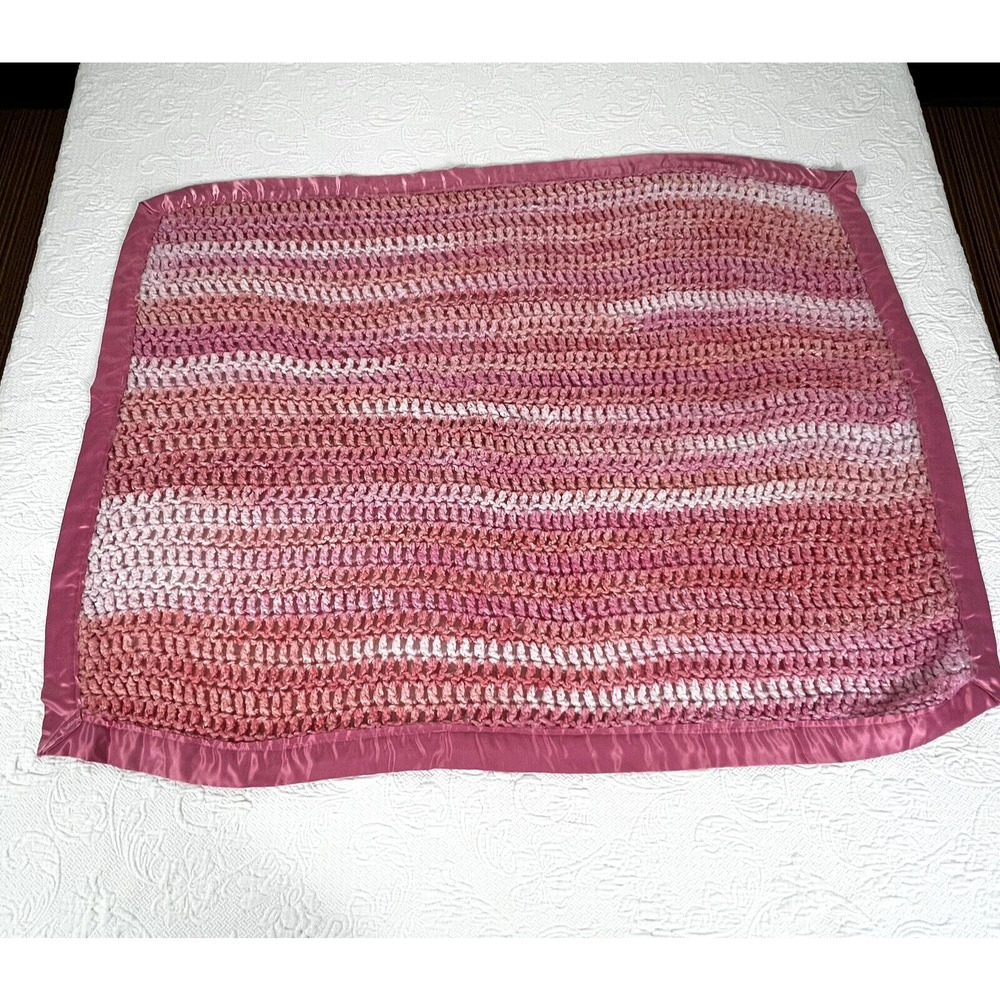 Handmade Crochet Afghan Throw Blanket Ombre Pink Satin Trim 37"x50"